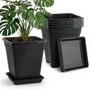 Plastie Square Planter Pots. Modern Nursery Flowerpot with Drainage Hole and Saucer,BLACK
