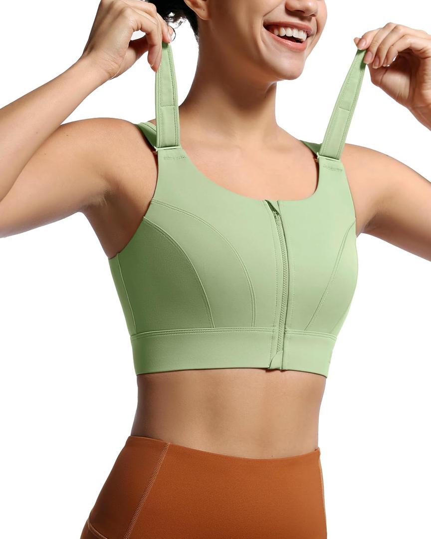 Adjustable High Impact Sports Bras for Women Zip Front Full Coverage and Lift Padded Compression Tops (XX-Large, Lime Green New)