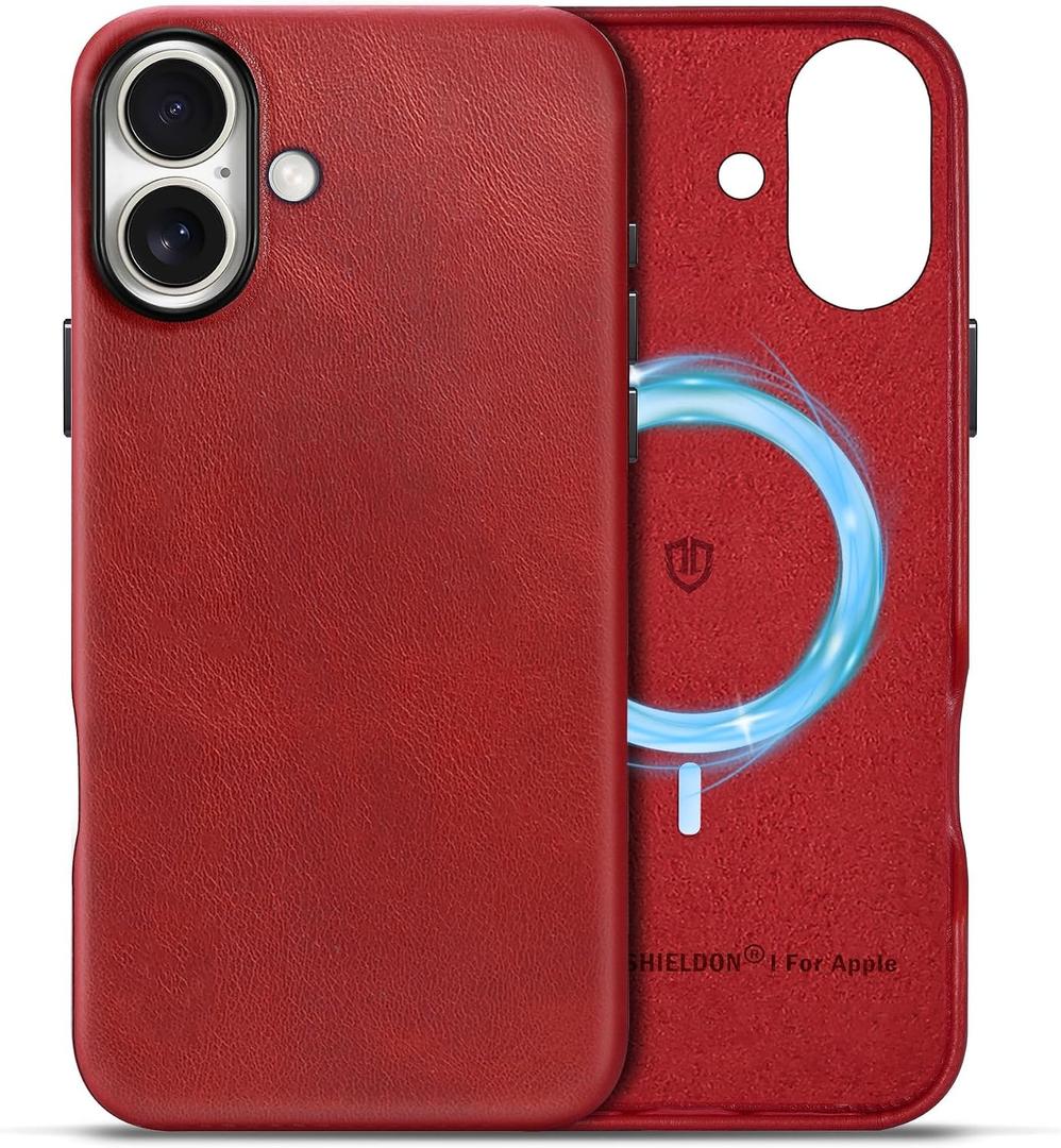 SHIELDON Genuine Leather Case for iPhone 16 Plus 6.7", Slim Wireless Charging Magnetic Non-Slip Anti-Scratch Shock-Absorbent Cover with Metal Buttons Compatible with iPhone 16 Plus 5G - Retro Red