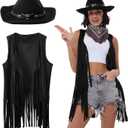 Western Outfits for Women Cowgirl Tassel Sleeveless Vest Cowboy Hat and Paisley Bandana (Small, Black)