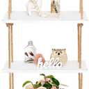 Mkono Hanging Shelves 3 Tier White Wood Wall Mount Floating Shelf with Rope Boho Decor for Living Room Bathroom Bedroom Kitchen Apartment - Rustic Wood Decorative Storage Shelf