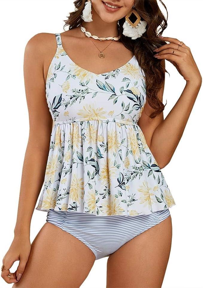 FERBIA Women Falbala Bikini Set Halter High Waisted Swimsuit 2 Piece Ruffle Tummy Control Peplum Spaghetti StrapTankini, Medium