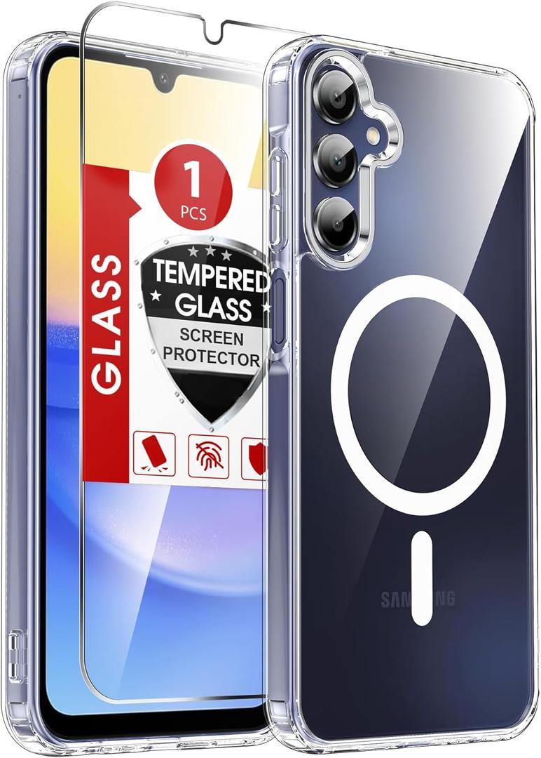 LeYi for Galaxy A15-5G Phone Case: Crystal Clear [Anti-Yellowing] Samsung A15 5G Case [Magnet Fit] with Screen Protector, Translucent Soft Bumper & Non-Slip Full Body Protection Funda para A 15, Clear