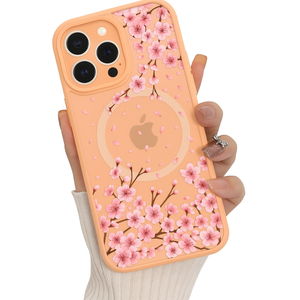 MOWIME Magnetic for iPhone 13 Pro Max case [Compatible with MagSafe] Cute Fashion Floral Translucent Matte Hard Peach Shockproof Anti-Scratch Phone Case-Pink Flower