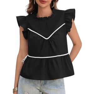 Cicy Bell Womens Ruffle Babydoll Tank Tops Summer Cotton Peplum Mock Neck Blouses Trendy Casual Pleated Bow Shirts (Large, Black)
