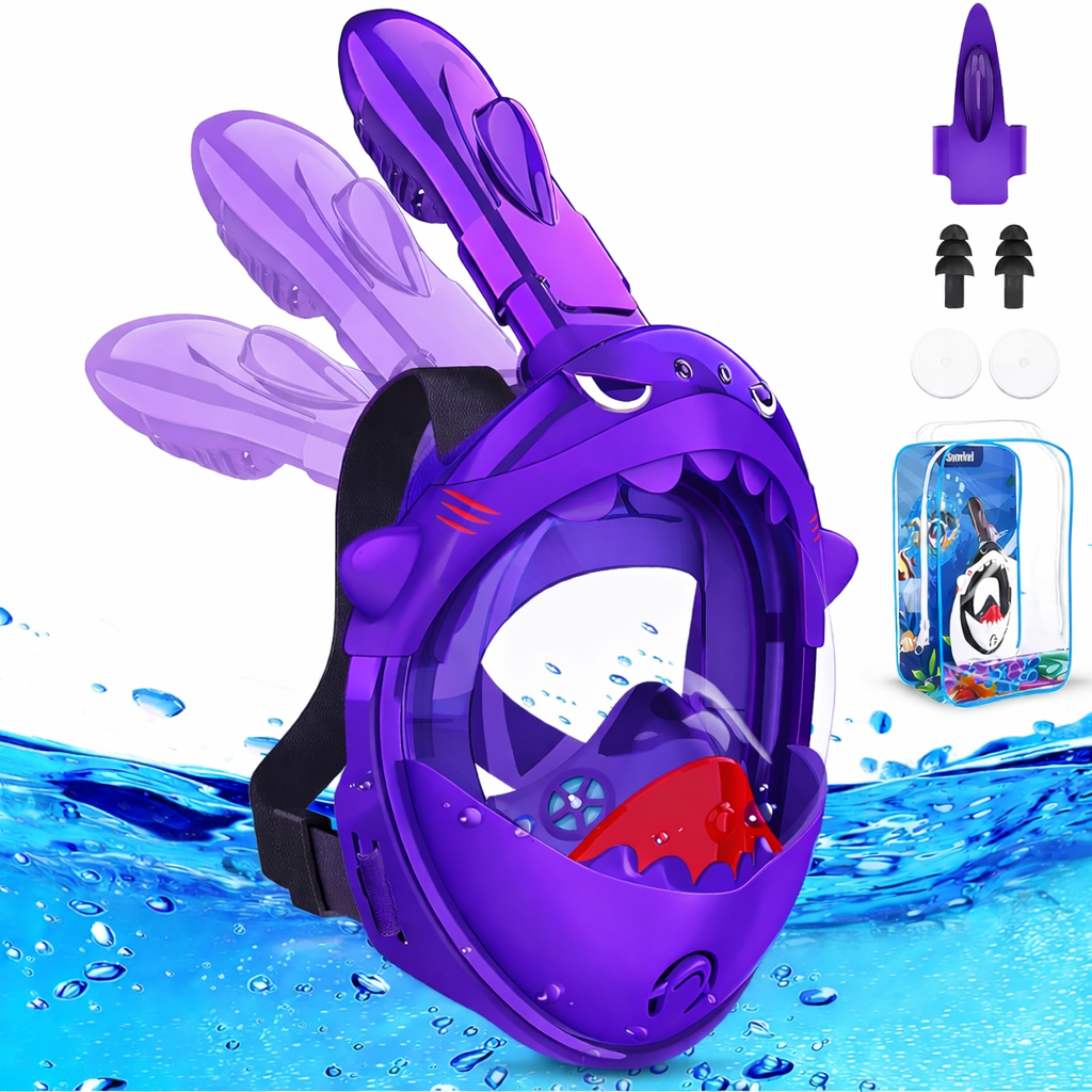 Kkdi Kids Snorkel Mask, Full Face Snorkel Mask for Kid 4-16, Foldable Snorkeling Gear for Kids Snorkeling Set for Swimming Pool Toys, Dry Top, Anti-Leak/Anti-Fog /180 HD View/Portable Bag