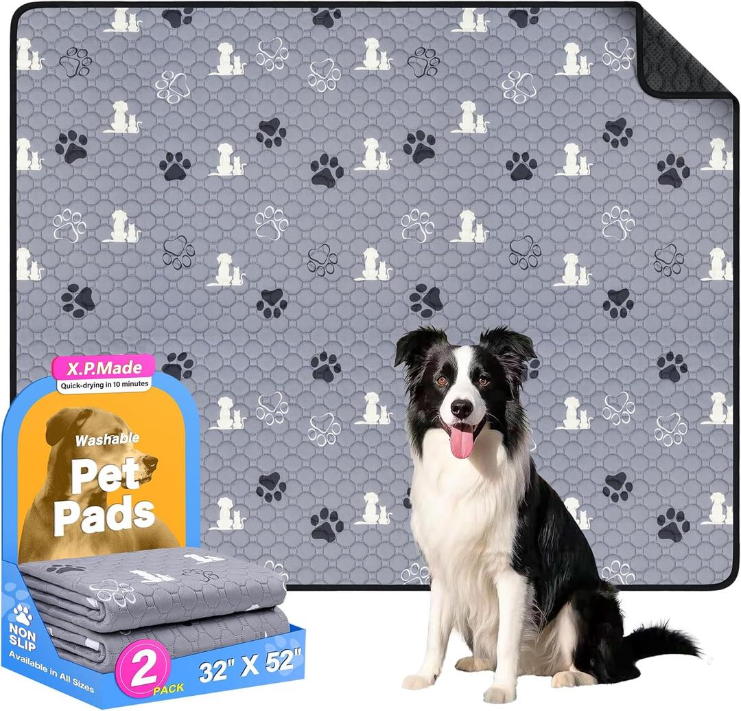 Washable Pee Pads for Dogs, 2 Pack Reusable Puppy Pads, Waterproof Pet Pee Pads for Dog Potty Training, Extra Large Dog Pee Pads for Crate, Playpen, and Whelping, Durable and Absorbent, Grey 32"x52" (Gray)