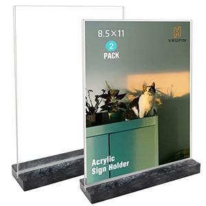 vrupin 2 Pack 8.5x11 Acrylic Sign Holder, Acrylic Frame Natural Marble Base, Clear Plastic Sign Holder Picture Photo Frames, Flyer Document Paper Display Stand for Office Desktop (black marble)
