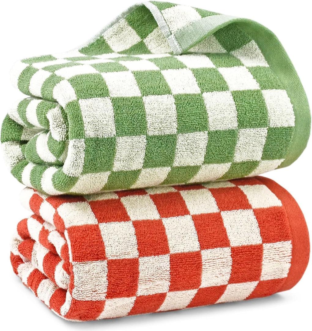 Jacquotha Checkered Bath Towels for Bathroom Decor, 2 Pack Shower Towels 55" x 27.5", Super Soft and Quick Dry (Orange + Green), Colorful for Swim Pool Beach