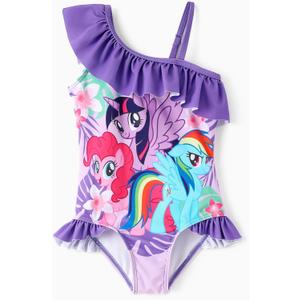 My Litle Pony One Piece Swimsuit Pony Print Off-Shoulder Ruffle Summer Swimwear Beach Pool Kids, Pink, 4-5Y