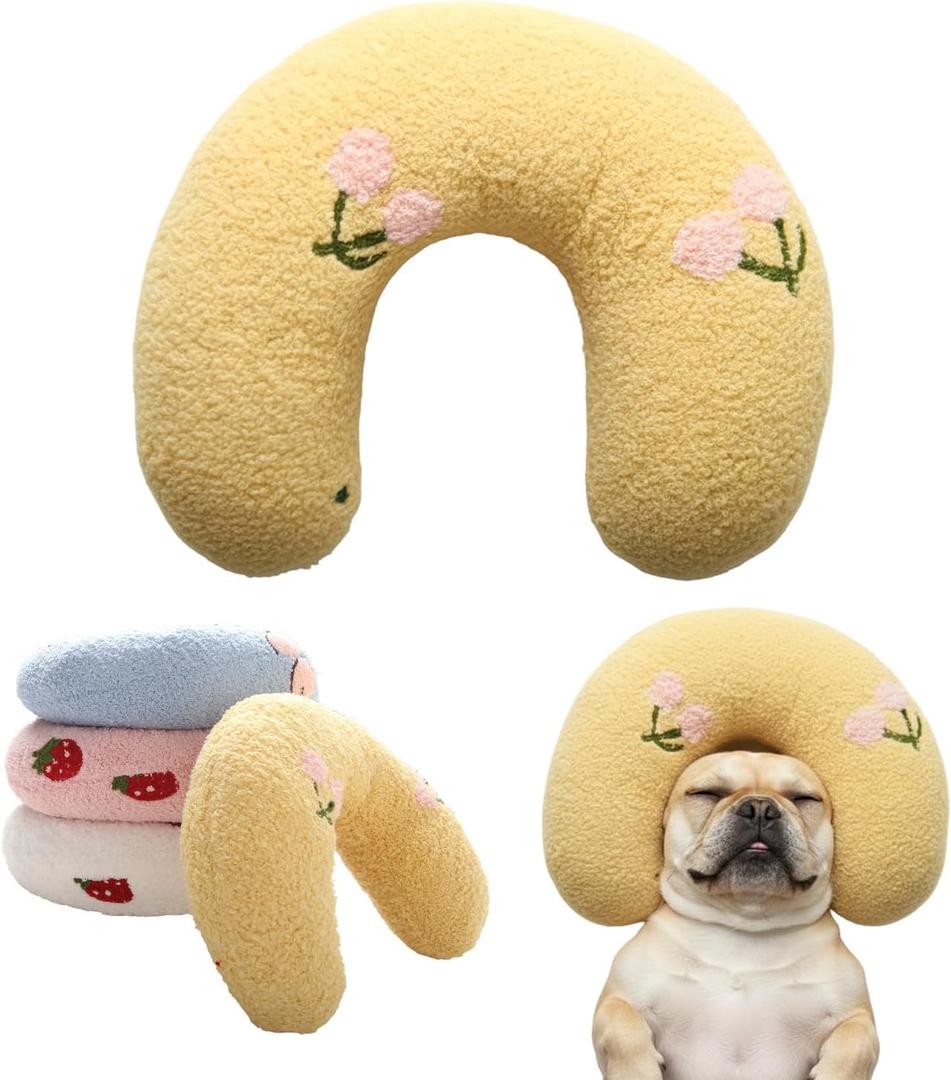 U-Shaped Calming Pillow for Cats and Dogs - Super Soft Plush Fabric, Cozy Headrest, Neck Support for Deep Sleep, Kitten Headrest, Pet Bed (Yellow)