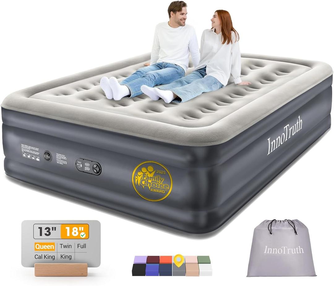 InnoTruth Air Mattress Queen with Built in Pump, Inflatable Mattress Blow up Mattress, Family Choice Award Winner, 18" Colchones Inflables Foldable Air Bed for Guest & Home, Ideal for Camping, 650lbs (18" Height (Grey))