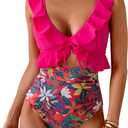 Eomenie One Piece Swimsuit for Women Tummy Control Ruffle Bathing Suit V Neck Ruched Swim Suit Slimming Cutout Swimwear (Medium, Hot Pink Floral)