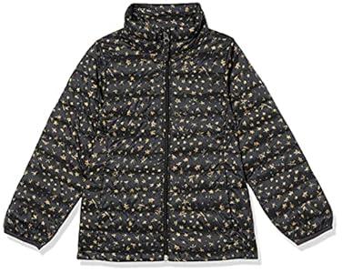 Amazon Essentials Girls' Lightweight Water-Resistant Packable Mock Puffer Jacket, Black, Stars, X-Small