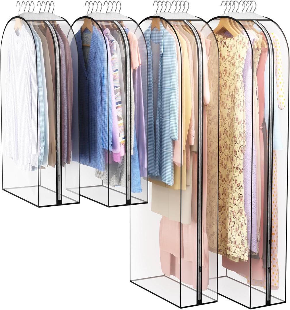 Clear Garment Bag for Hanging Clothes 10 Gusseted, 40&60 Suit Bags for Open Closet Storage Plastic Clothes Cover for Coat, Dress, Shirts, Fur, Jacket, Wardrobe Protectors, 4 Pack
