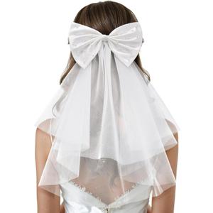 SWEETV Bridal Hair Bow Veil White Bow Clip Bachelorette Party Decorations Pearl Accessories Bride to Be Bridal Shower Gift