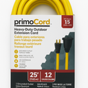 PrimoCord E00021 Apollo Wire & Cable, 25ft Heavy-Duty Outdoor Extension Cord 12/3 SJTW with 3-Prong Grounded Plug and Single Outlet - 15 Amps, 1875 Watts, 125 VAC (25ft, 12 Gauge, Yellow)