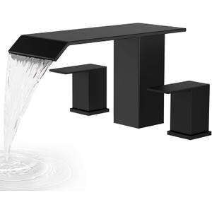 Matte Black 2 Handle Deck Mount Tub Faucet Set High Flow, Waterfall Roman Bathtub Faucet Tub Filler, 3 Hole Widespread Garden Bathtub Faucet, Solid Stainless Steel Jacuzzi Tub Faucet