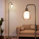 Glass Floor Lamps for Living Room, Modern Standing Lamp with Ceramic & Champagne Gold Ribbed Glass Lampshade, Pedal Switch, 65" Black Industrial Floor Lamp for Bedroom Study Room (with LED Bulb)