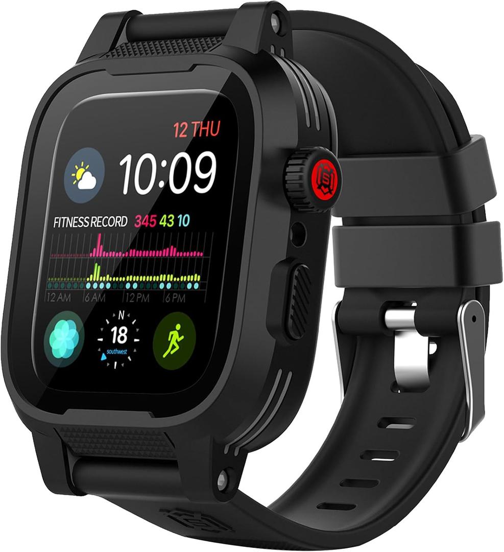 Waterproof Case for Apple Watch Series 6/5/4/SE 44mm, iWatch Protective case + Soft Watch Band + Built-in Screen Protector, Full Body Shockproof Anti-Scratch Rugged Protective Case (Black, 44mm)