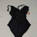Charmo Scallop Trim Maternity Swimsuit One Piece V Neck Pregnancy Bathing Suit Ruched Swimwear Cutout Tie Back,Black , S