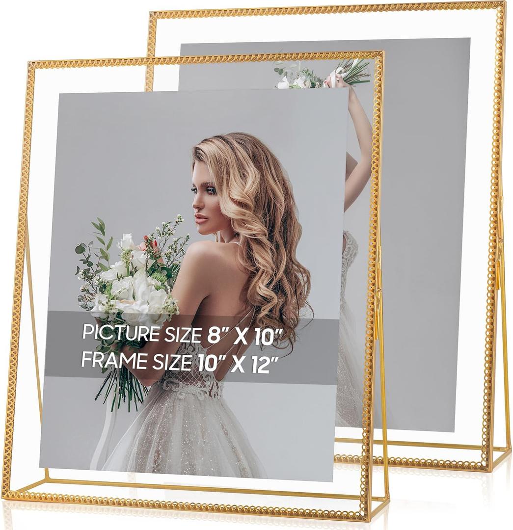 Gold Floating Picture Frame Set of 2, Glass Pressed Flower 8x10 Picture Frames, Tabletop Standing Large Lace Edge Gold Floating Frame for Photo Display