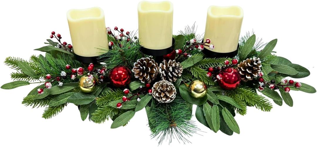 Svndlyn Christmas Candle Holder Christmas Decorations 3 Candle Holders with Snow Flocked Pinecones,Cedar Branches Pine Needles Berries Ornament Eucalyptus Leaves for Table Centerpiece Holiday Decor