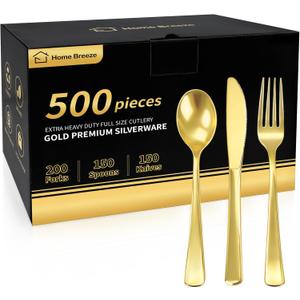 500PCS Premium Heavy Duty Gold Plastic Silverware, 200 Forks, 150 Spoons, 150 Knives, For Parties, Weddings and Baby Shower, BPA-Free, Disposable Plastic Cutlery Dinnerware Utensils Set