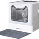 Cat Litter Box with Litter Mat and Scoop, Large Foldable Litter Box with Lid, Front Entry Top Exit Kitty Box, Odor Control, Easy to Clean (Grey)