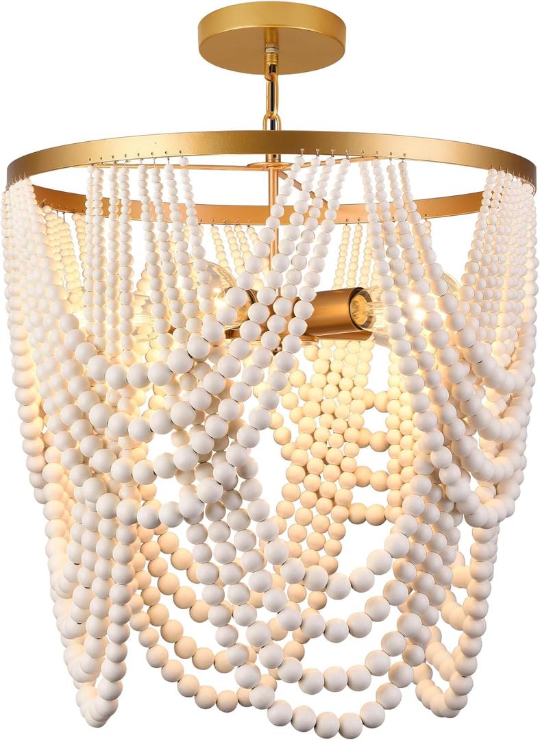 Bohemia Wood Beaded Chandelier - Boho 5-Light Gold and Oak Finish Beaded Light Fixture for Dining, Living, Bedroom, Nursery, Girl Room, Hallway, Entryway