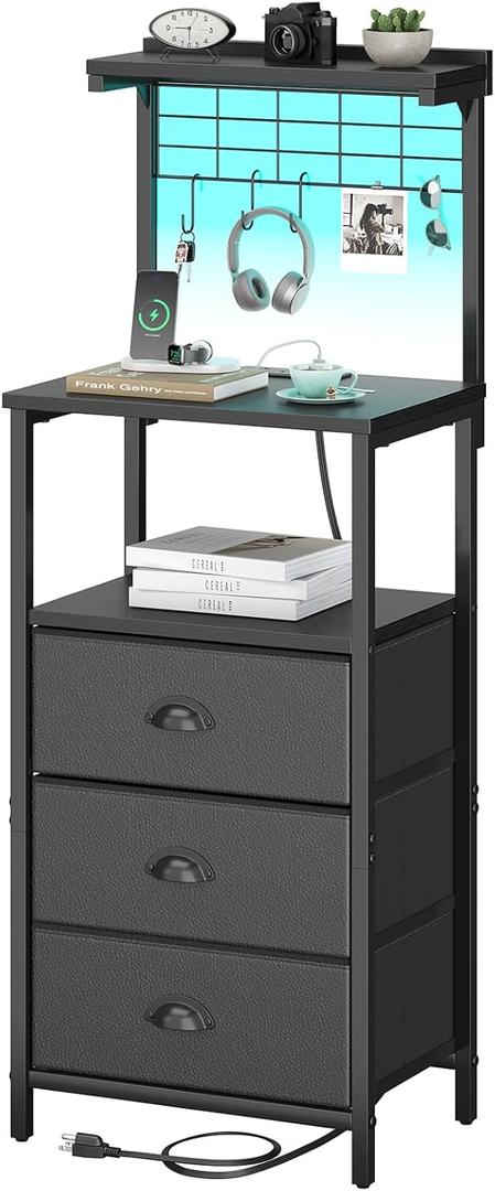 Bedside Tall Nightstands with Charging Station, LED Bedside Table for Bedroom - 3 PU Fabric Drawers, Hooks, Black