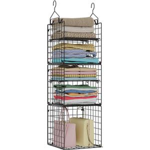 X-cosrack Hanging Closet Organizer and Storage - 5-Tier Closet Storage Organizer Baskets for Clothes & Adjustable Collapsible Metal Closet Hanging Organizer Shelves for Sweaters Shoes Handbags (Small, Black)