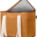 Reusable Insulated Grocery Bag - Leak Proof, X Large Insulated Cooler Bag - Insulated Shopping Bags for Groceries - Travel Cooler Bag for Frozen and Hot Food with Zippered Top (Caramel Cream)