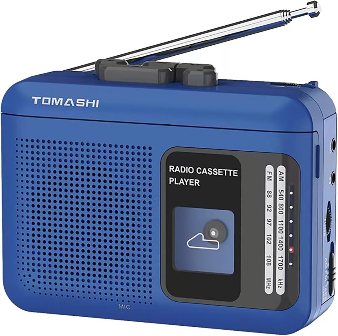 Portable Cassette Player Recorder with AM/FM Radio, Tape to USB Converter, Walkman Style, 200mW Speaker, Battery or USB Powered, 3.5mm Jack, Retro Blue