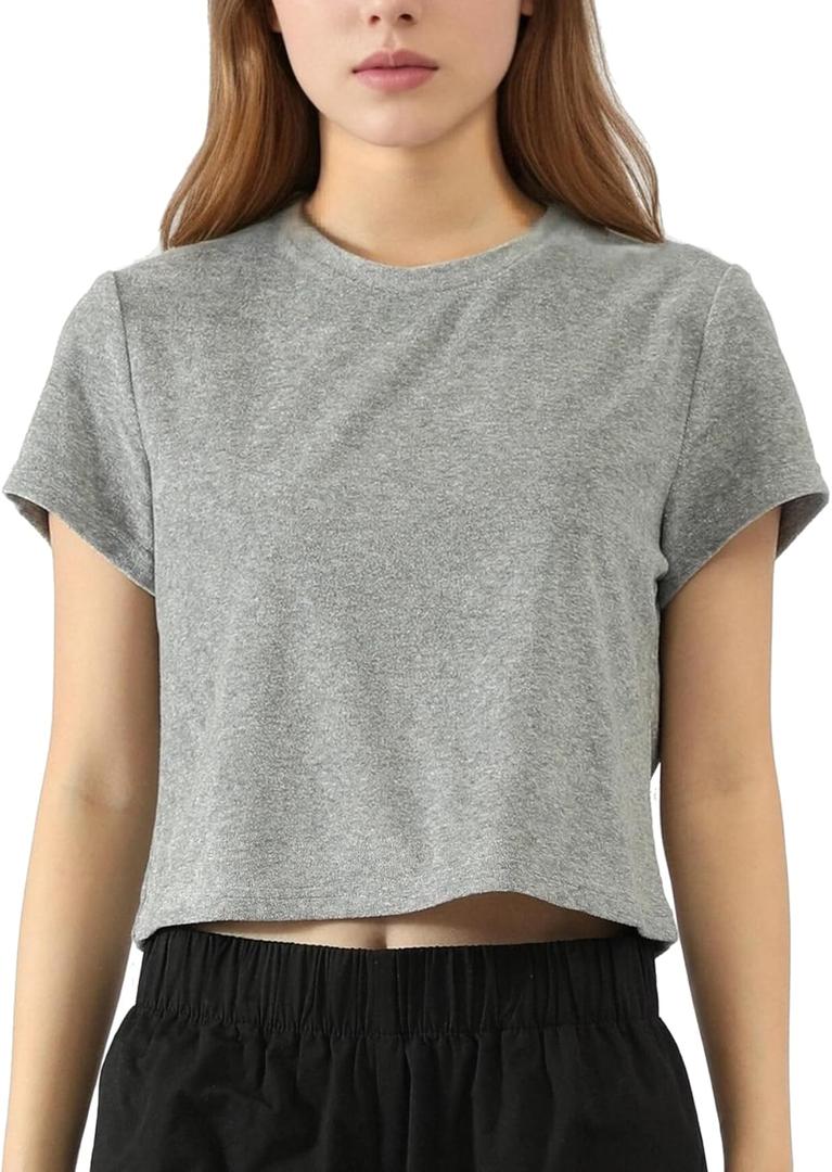 CLSEN Women's T-Shirts Short Sleeve Cropped Tee Crewneck Basic Relaxed Fit Towel Casual Top (Gray)