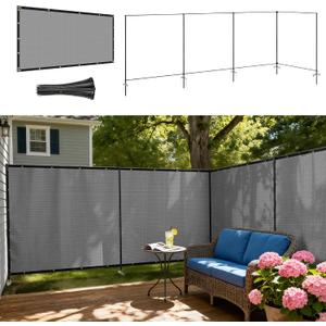 Windscreen4less Outdoor Privacy Fence Screen, 5'x24' Freestanding Privacy Fencing Set with Iron Poles and Ground Spikes, UV Resistant Mesh Cover Garden Pet Fencing for Backyard Patio Pool, Light Gray