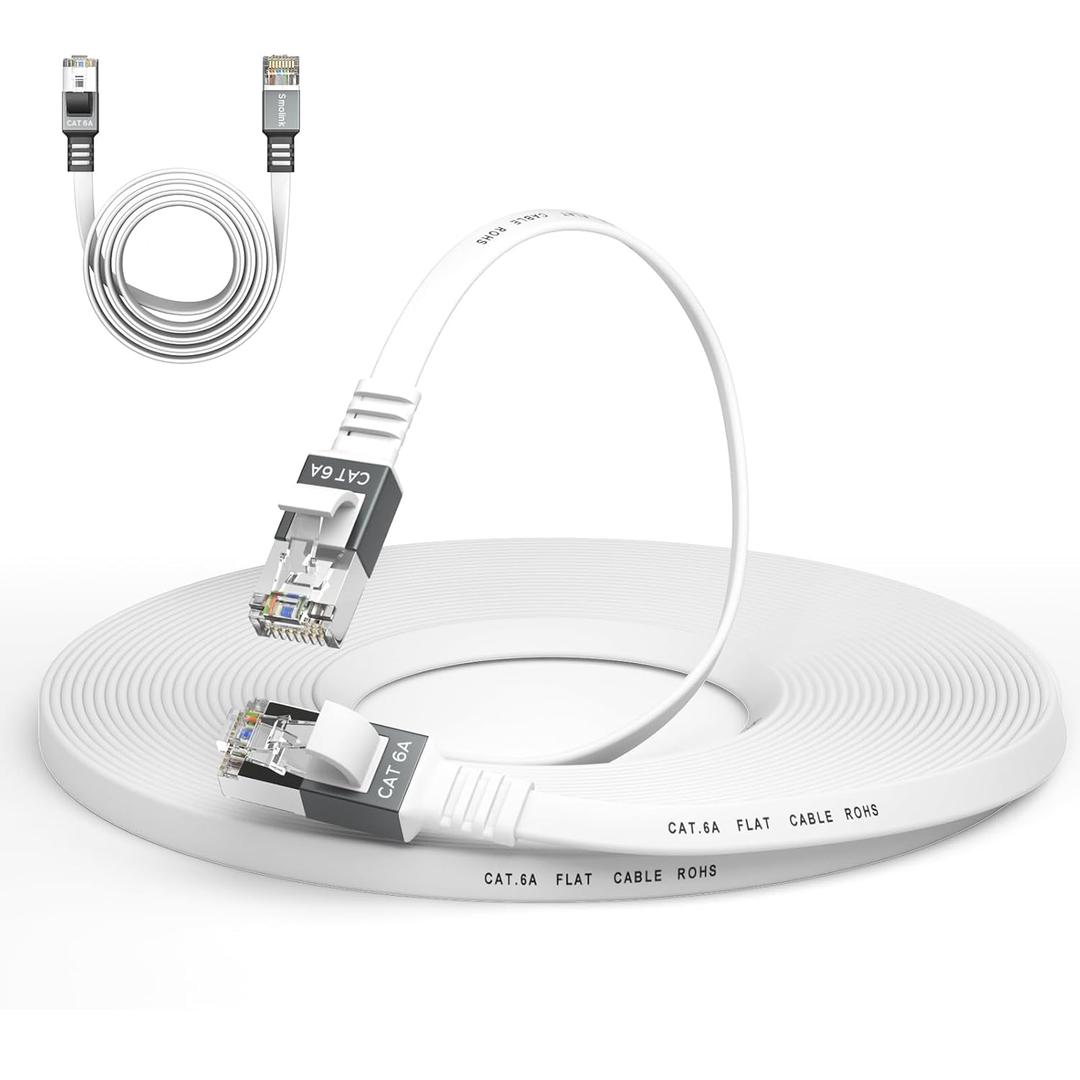 Cat 6a Ethernet Cable 25 Ft,Durable Flat Internet Network LAN Cable with 1.5Ft Short Patch Cord, Slim High Speed Gigabit Computer Wire with RJ45 Connectors, Faster Than Cat6/Cat5e/Cat5 Cable - White