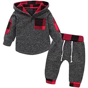 Tepuce Baby Boy Clothes Toddler Infant Boys Fall Winter Outfit Long Sleeve Plaid Pocket Hoodie Tops + Pants 2Pcs 18-24M