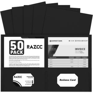 Two Pocket Folders, RAZCC 50 Pack 2 Pocket Folders Fit Letter Size Paper, Paper Folders with Pockets for School Office Business Home, Black
