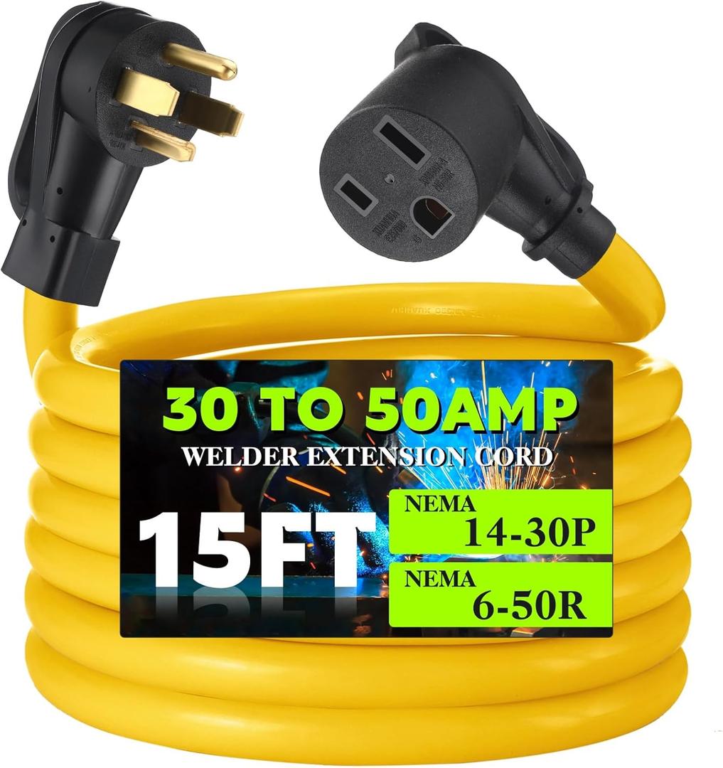 15FT 4 Prong to 3 Prong Dryer Adapter Compatible with NEMA 14-30P Male to 6-50R Female, 50 Amp to 30 Amp Welder Adapter Cord for Welding Machine EV Charger, STW 10 AWG/3C, ETL Listed (Yellow)