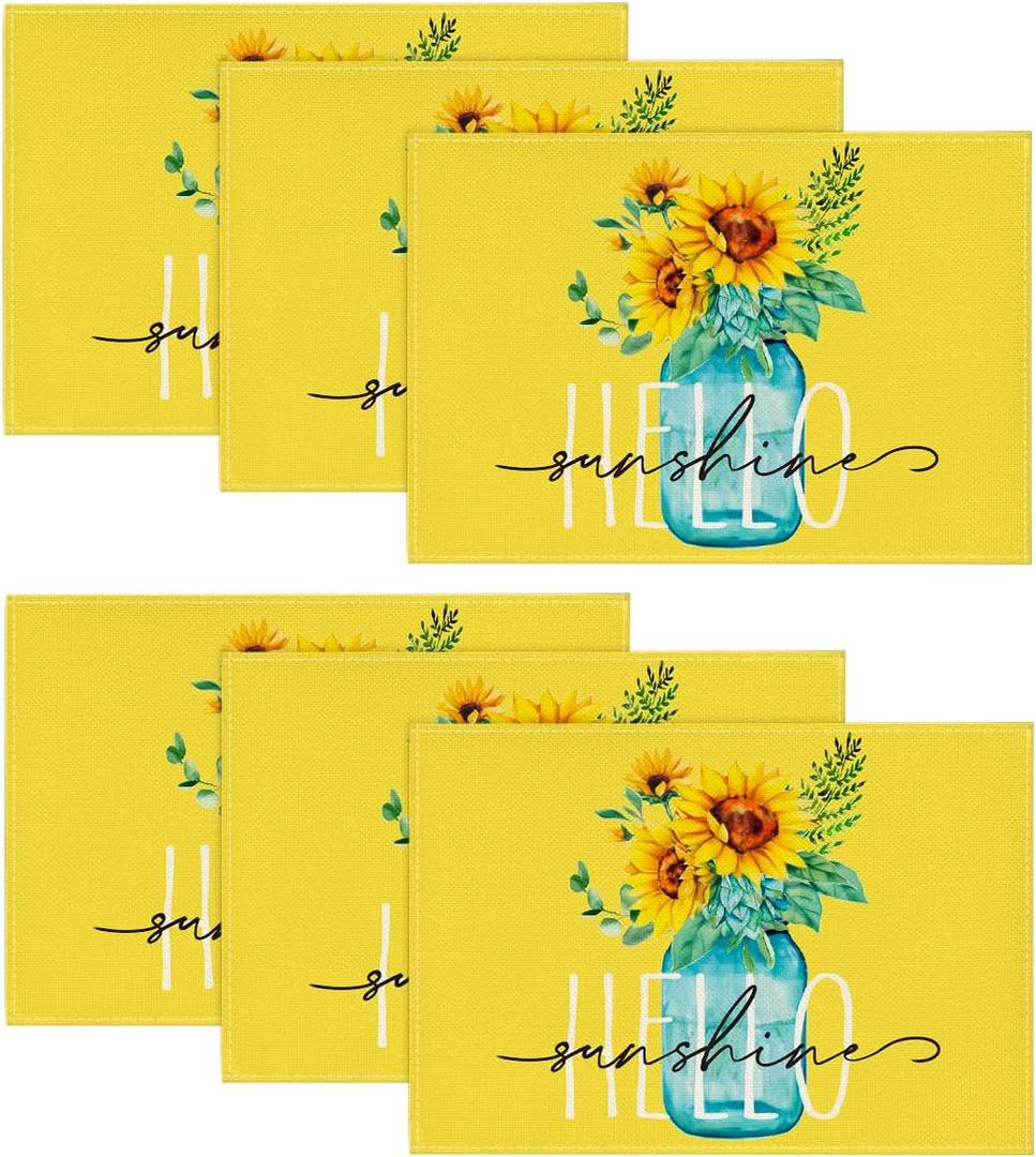 Artoid Mode Yellow Hello Sunshine Sunflower Summer Placemats Set of 6, 12x18 Inch Seasonal Spring Table Mats for Party Kitchen Dining Decoration, 12" x 18", Rectangle 6 Pcs