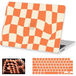 AKIT Compatible with MacBook Air 13 inch Case M5 2026 2025-2022 M4 M3 M2 A3449 A3240 A3113 A2681, Unique Shell Laptop Case+Screen Protector+Keyboard Cover for MacBook Air 13.6 inch, Orange CheckBoard