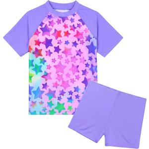 Girls Swimsuit Colorful Short Sleeve Bathing Suits UPF 50+ Rash Guard Set Two Piece Summer Swimwear (Purple)