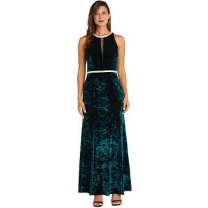 R&M Richards Women's Long Ice Velvet Dress W/Elegant Neck Waist Detail & Slit (12 Petite)
