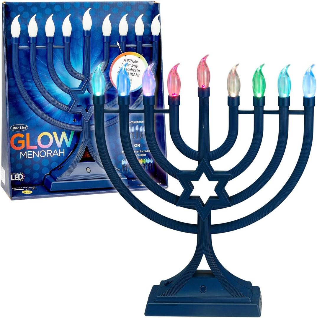 LED Electric Blue Hanukkah Menorah with Special Effects - Battery/USB Powered, Star of David, 4 Lighting/Blinking Modes, Large LED Bulbs, Chanukah Traditional Electric Menorahs - Navy Blue