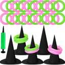 Leitee 25 Pcs Witch Hat Ring Toss Games Set Halloween Party Favors Pink and Green Party Decorations 5 Black Oxford Fabric Wizard Hats with 20 Inflatable Rings for Girls Women Birthday Movie