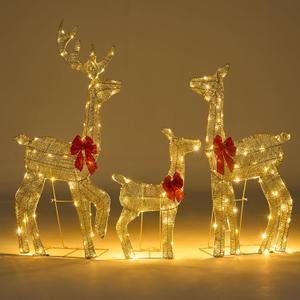 JOIEDOMI 3 Pcs 2D Christmas Elegant Golden Reindeer Family Yard Light Decorations, 180 LED Warm White Lights with Metal Stakes for Indoor Outdoor Garden Holiday Dcor, Christmas Eve Night Dcor