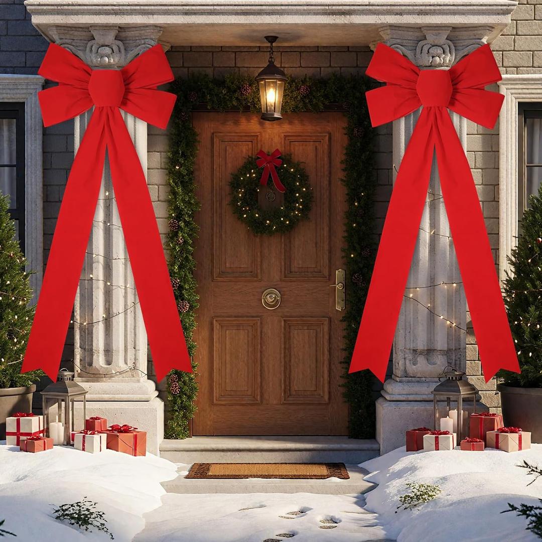Janinka 2 Pcs 30 x 75 Inches Giant Christmas Velvet Bows for Front Porch Columns Extra Large Bows with Long Streamer Outdoor Pillar Christmas Porch Decor for Holiday Xmas Tree Decorations (Red)