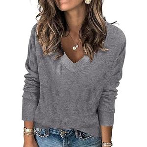 Bluetime Women's Fall Long Sleeve V Neck Ribbed Knit Sweaters Loose Fit Casual Soft Pullover Sweater Jumper Tops  (X-Large, Gray)