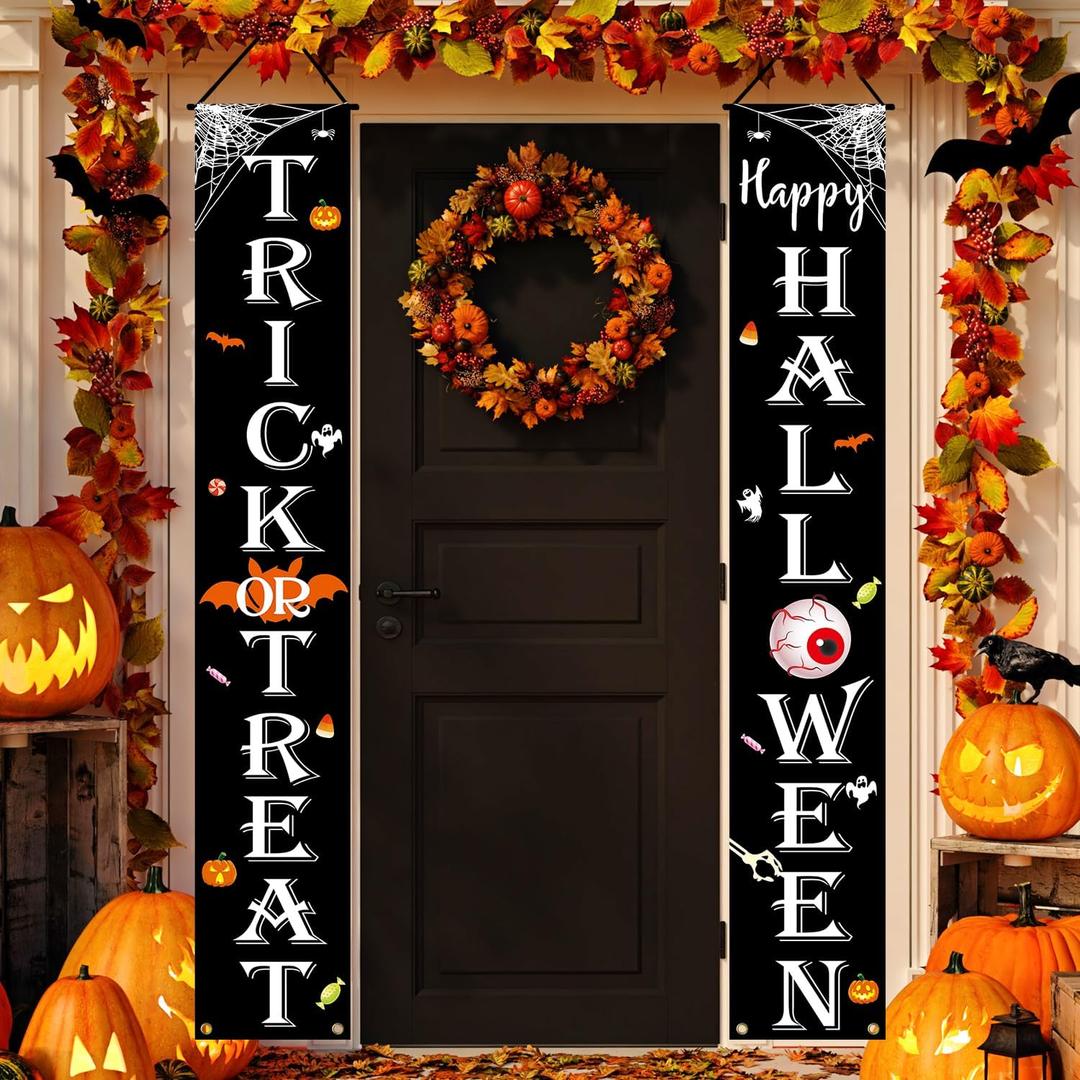 3 x Halloween Decorations Outdoor TRICK OR TREAT Happy HALLOWEEN Banner Porch Sign Decor Halloween Door Decorations for Home Indoor Outdoor Wall Party